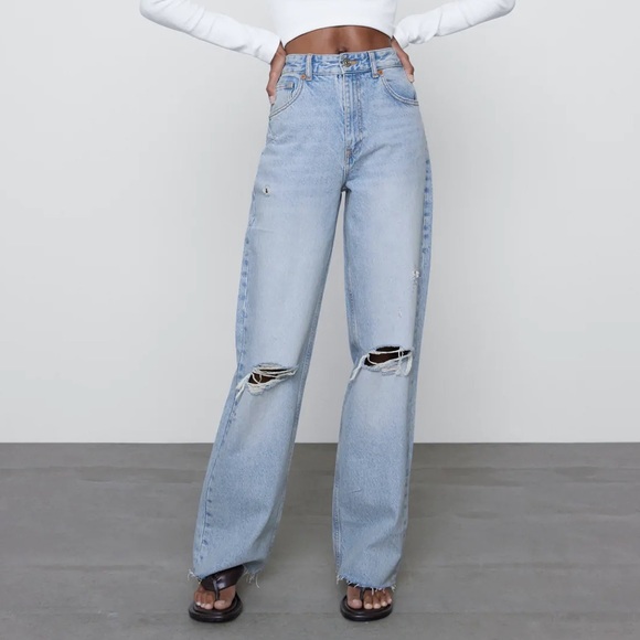 Zara | Jeans | Wide Leg Full Length Ripped Jeanslight Blue | Poshmark
